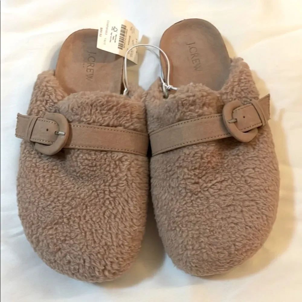 J. Crew sherpa style tan buckle clog slippers